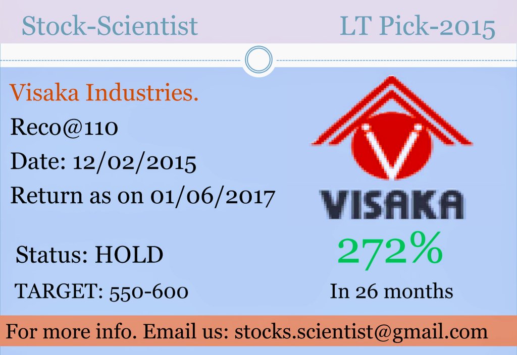 stock_scientist's tweet photo. Promotional call: Visaka industry@400 #Buy for target 550-600 in medium to Long term. https://t.co/vT2xktEGnx