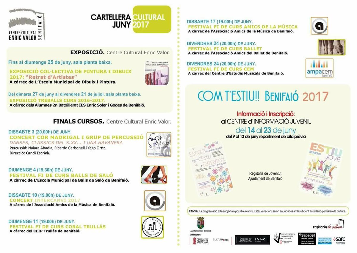 Aj_Benifaio's tweet photo. 👉😃☀CARTELLERA CENTRE CULTURAL ENRIC VALOR de #BENIFAIÓ #JUNY2017 🎭🎨🎟🎼
Concerts, finals de curs, exposicions ❗️#Info de #Comtestiu❗️ https://t.co/1pMrRqnfTm