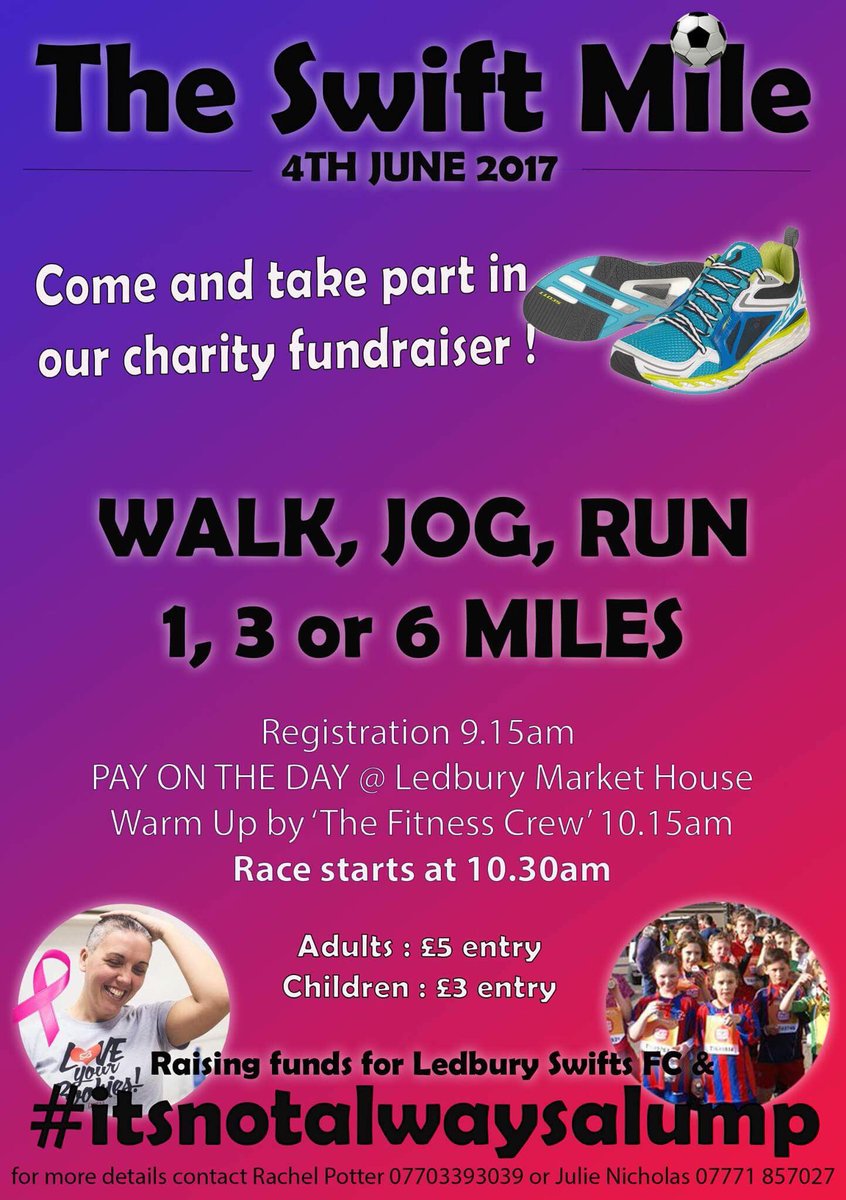 rachelpotte's tweet photo. @HerefordshireFA @LedburySwifts #itsnotalwaysalump Join us for a walk, jog or run this Sunday for 'The Swift Mile' https://t.co/Mc7FhRPftc