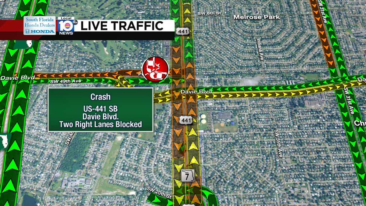 CRASH: US-441 SB & Davie Blvd. Two right lanes are blocked. Expect delays. #TRAFFIC https://t.co/q9t0iqscgQ