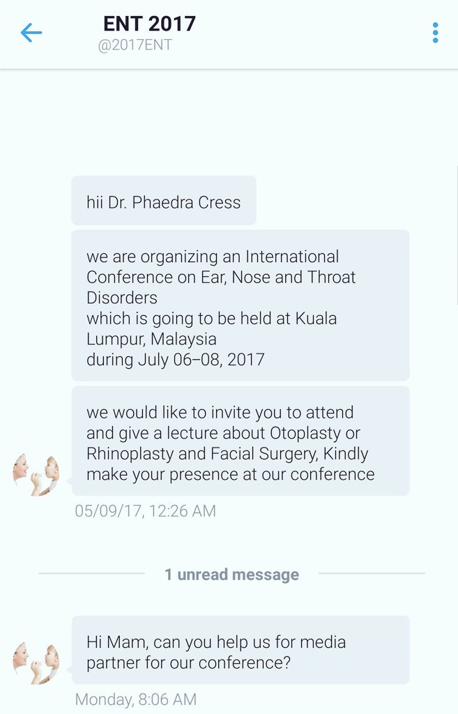 PhaedraCress's tweet image. If only I was a surgeon performing #Rhinoplasty I could attend this #PredatoryConference #Blocked @AaronKosinsMD @DrJasonPlastics @NahaiDr