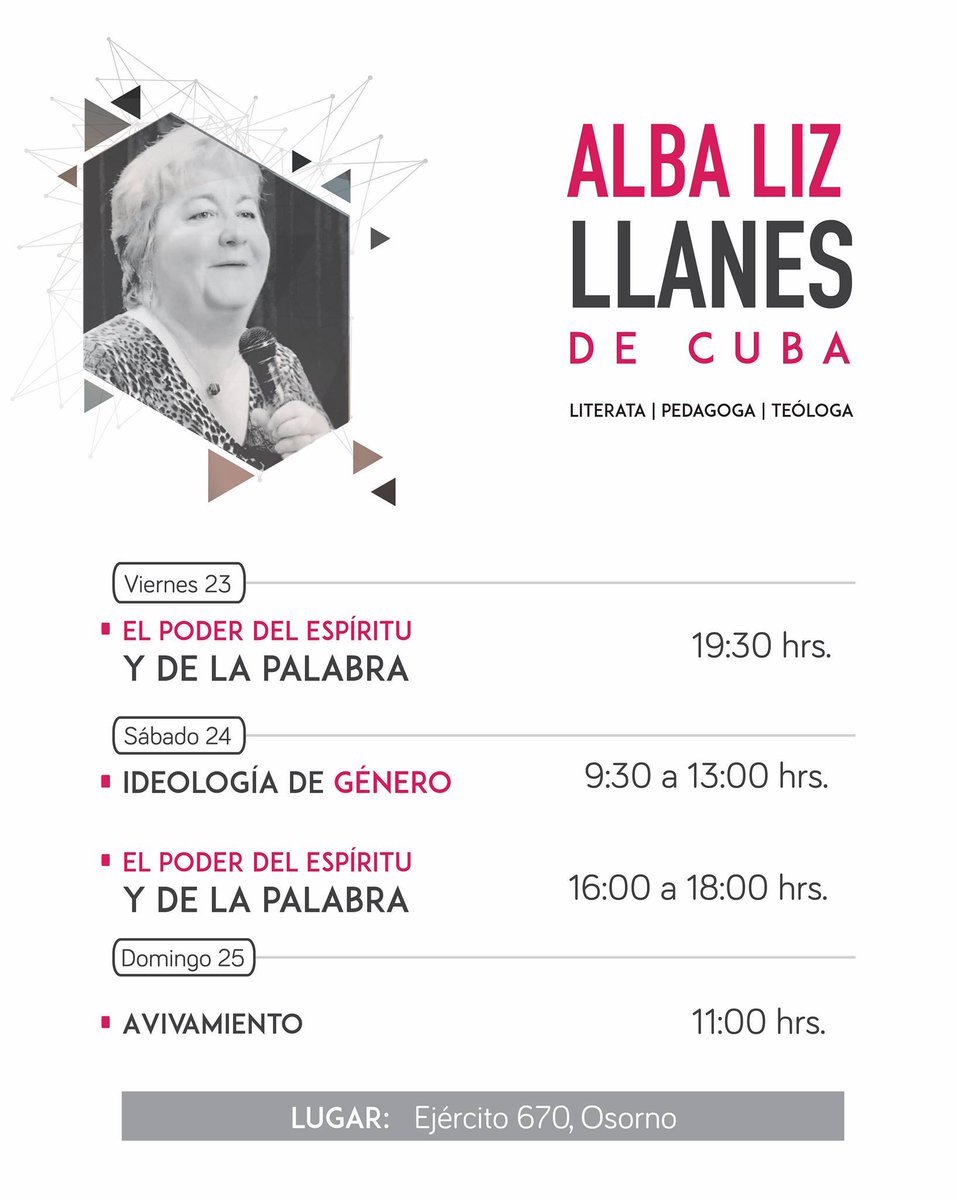 WesleyanaChile's tweet photo. Serie de conferencias en osorno, entre ellas Ideología de genero, más información en el siguiente link...
https://t.co/bu1vZleElN https://t.co/0JcaXGAm3y