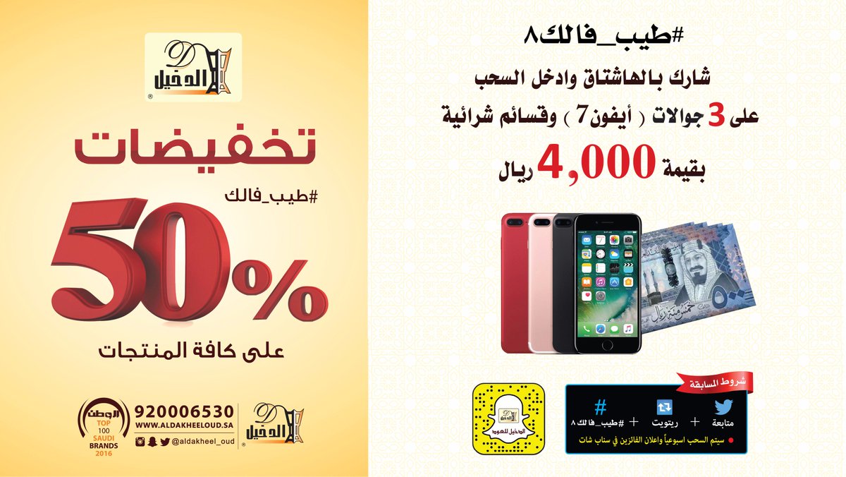 AlDakheel_oud's tweet photo. 🔺مسابقة #طيب_فالك8
📱تبقت 3جوالات آيفون 7
 💵وقسائم شرائية بقيمة 4000 ريال
شارك و عزز فرصتك بالربح
⚠متابعة+رتويت+صورة لفرع أو منتج
+#طيب_فالك8 https://t.co/pLgKmAQohb
