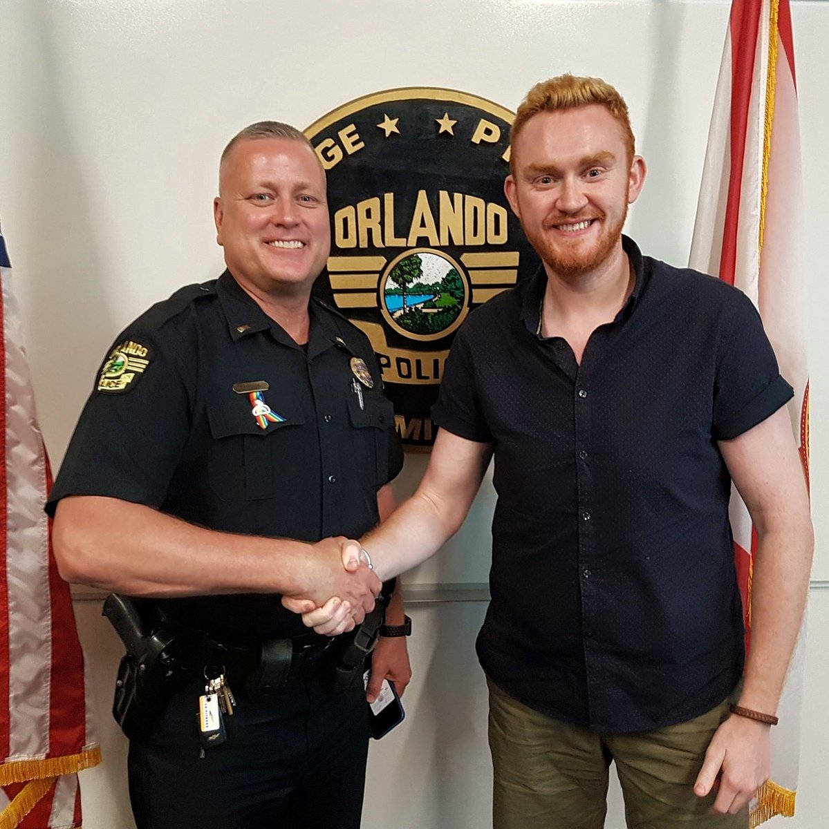 JohnLoughton's tweet photo. Honour 2 come from Scotland 2 meet the #LGBT champ of @OrlandoPolice Lt Jim Young who helped lead the #PulseAttack response #Orlandounited https://t.co/KWPW8PCuNT