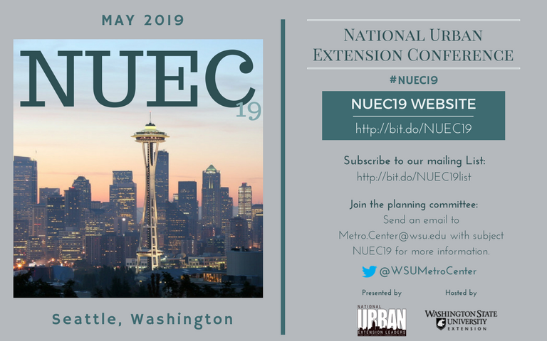 WSUMetroCenter's tweet photo. #NUEC19 conference will be held May 2019 in Seattle! Subscribe to our mailing list for updates! https://t.co/YBSoWBxTUg  #UrbExt https://t.co/nNrp6F0N8k