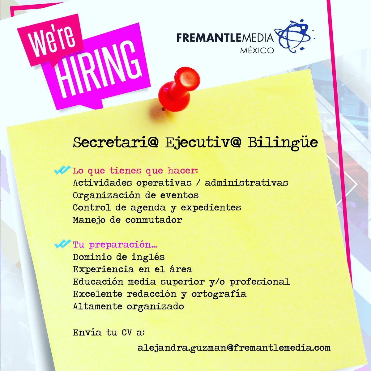 FremantleMexico's tweet photo. ¡Únete a nuestro equipo! #Jobs #jobseekerssa #BuscoTrabajo #chamba #vacante https://t.co/Q3Zu3e2eaP