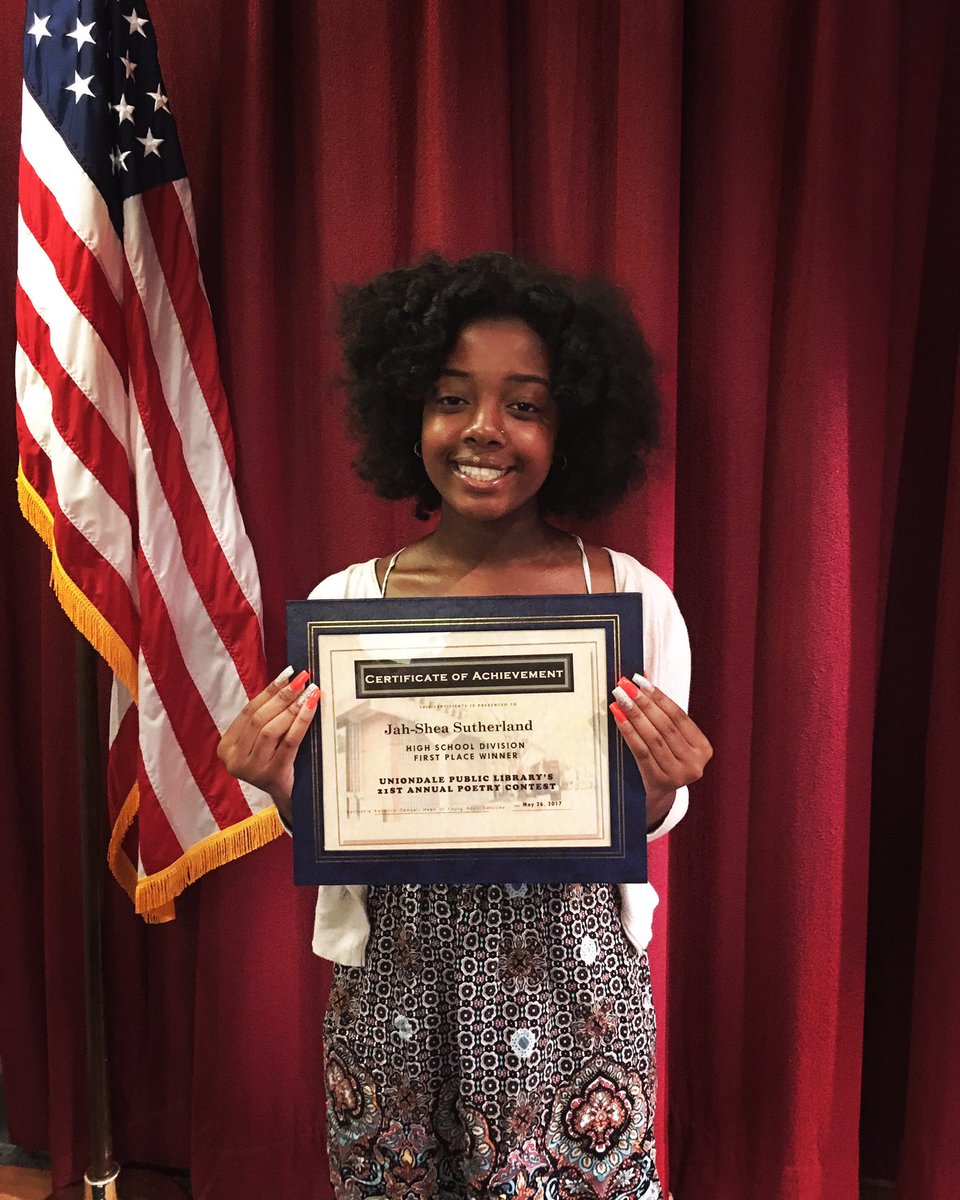 sobenyree's tweet photo. Congrats to our 2017 Poetry Contest Winners. Jah-Shea (High School Division) &amp; Isabellah (Middle School Divison). #UniondalePublicLibrary https://t.co/9UVRgZykoG