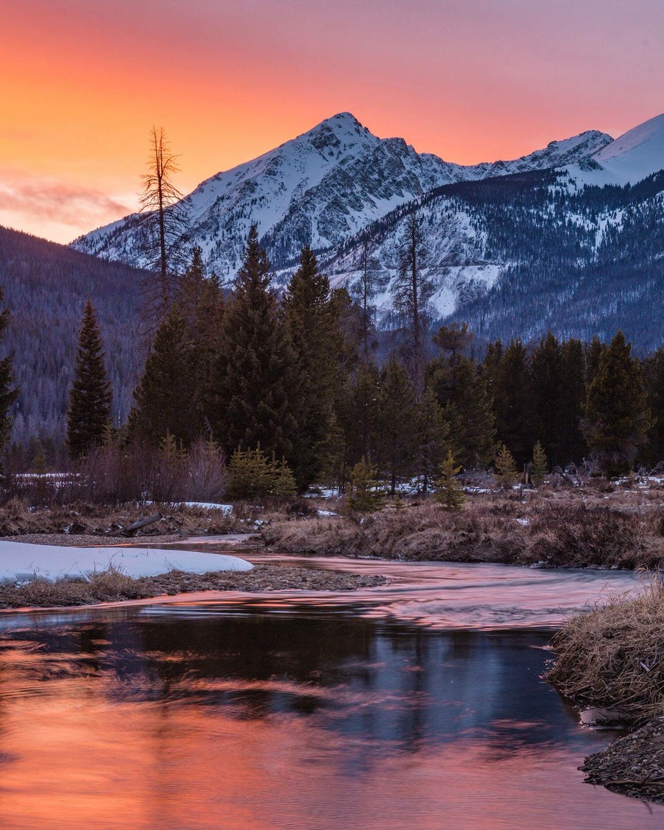 Pink and orange skies reflected in a lake surrounded by forest and snowy mountains