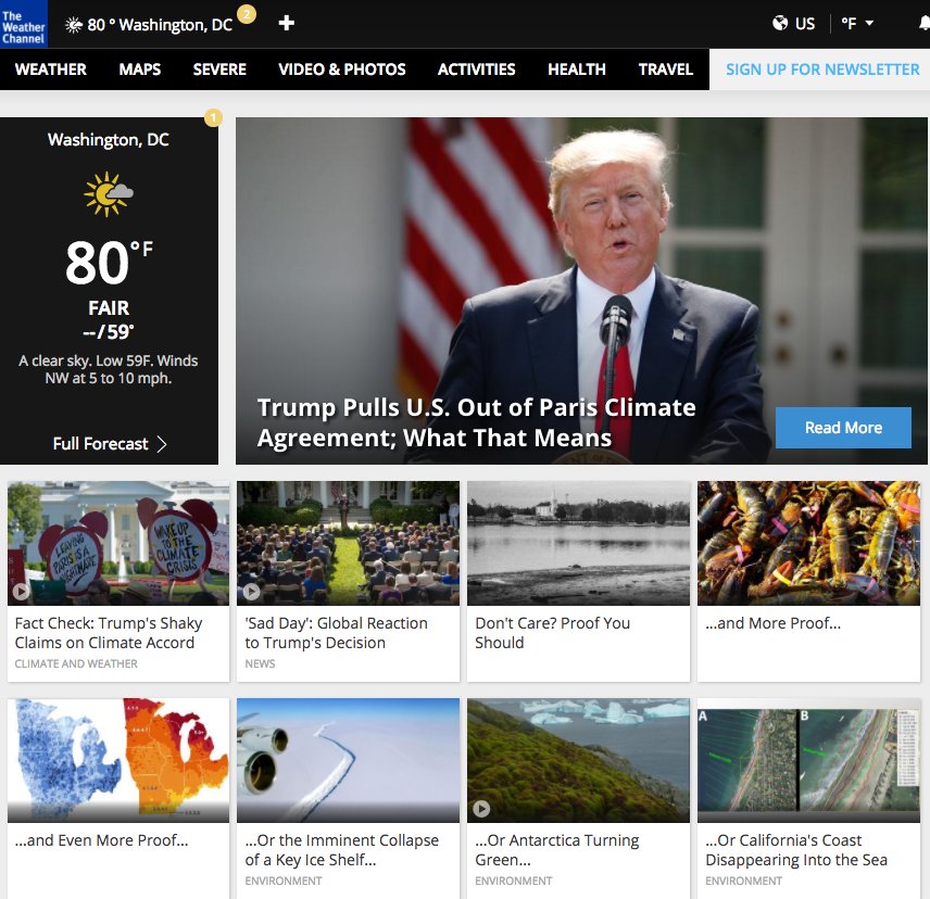 ajplus's tweet photo. The Weather Channel is really not happy with President Trump right now.

Their homepage is popping off with climate change facts: https://t.co/1ermhoYRKk
