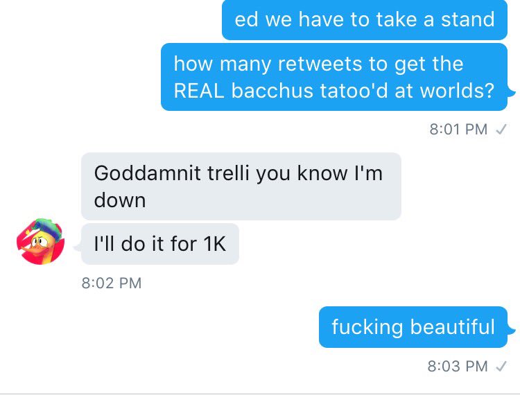 TrelliRelli's tweet image. If this tweet gets 1k retweets @PunkDuck_ and I will get matching tattoos of the REAL bacchus at worlds this year #inmemoryofbacchus