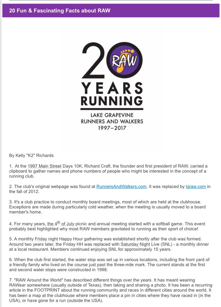 K2Runs's tweet photo. My 12th and final "20 Fun and Fascinating Facts About RAW" column in @LGRAWRun_Walk's FOOTPRINT. #20YearsofRAW #RunGrapevine #PlayGrapevine https://t.co/dBR79uLkHO