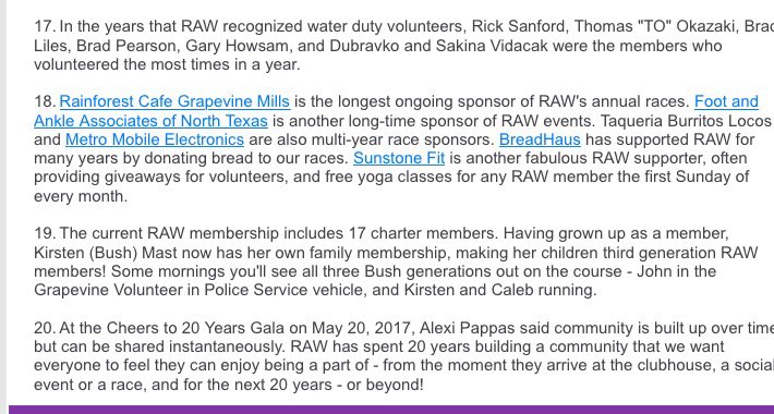K2Runs's tweet photo. My 12th and final "20 Fun and Fascinating Facts About RAW" column in @LGRAWRun_Walk's FOOTPRINT. #20YearsofRAW #RunGrapevine #PlayGrapevine https://t.co/dBR79uLkHO