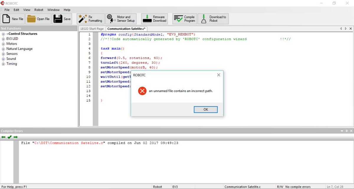 JHServices's tweet photo. @ROBOTC Any idea how to solve the "Encountered an improper argument" &amp; "an unnamed file" error in RobotC for Mindstorms EV3 v4.55 on Win10? https://t.co/TTXYdwPPTH