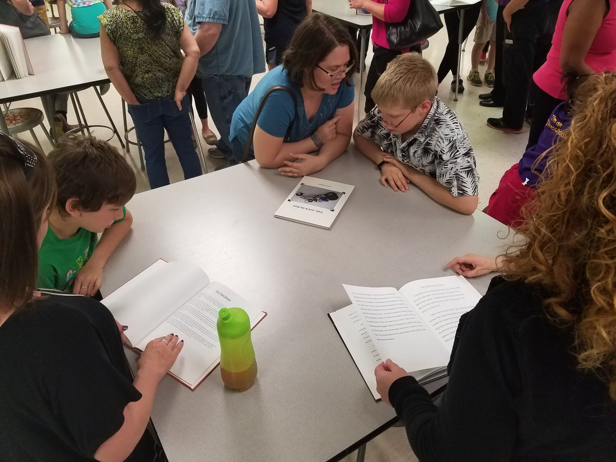 KellyStroeing's tweet photo. Author's Night 2017 celebration. Ss showcase their published anthology of 6th grade writing. @FriedellMiddle https://t.co/VbSJoqF0TO