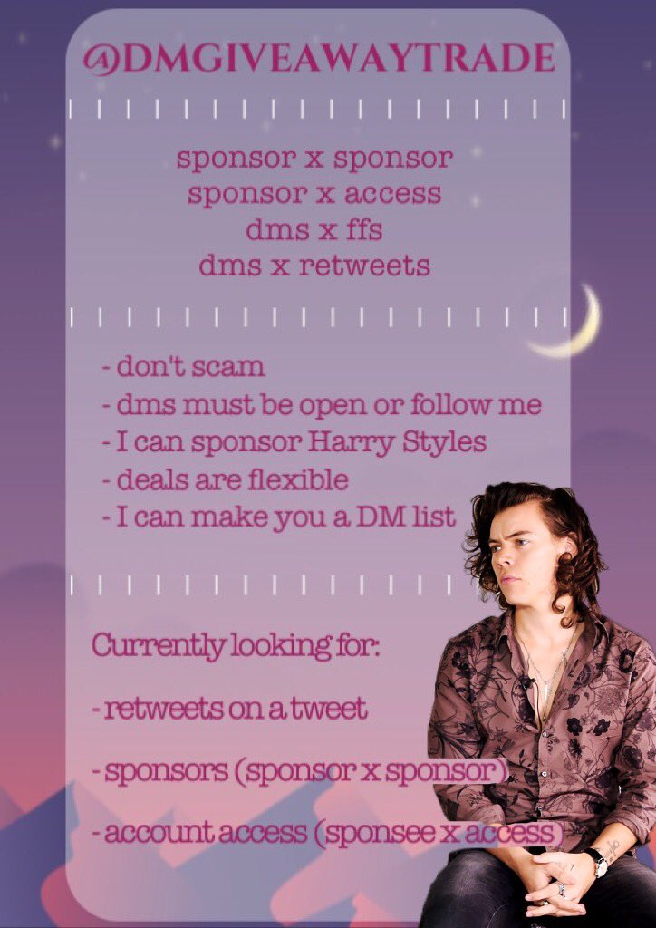 dmgiveawaytrade's tweet photo. 🍥DM TRADING LIST🍥
🌐ffs x dms x rares  x sponsor x trade x account access x retweets x trade x f4f🌐
💮I sponsor Harry dms 💮
🕒tweet/dm offers🕘 https://t.co/qMPCXnd4Gr