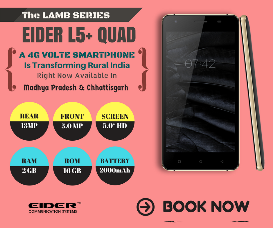 eiderindia's tweet photo. Book the EIDER L5+ QUAD smartphone right now available in the market of Madhya Pradesh and Chhattisgarh https://t.co/paoADBzgGf #L5PLUSQUAD https://t.co/LeB74Dlsi4