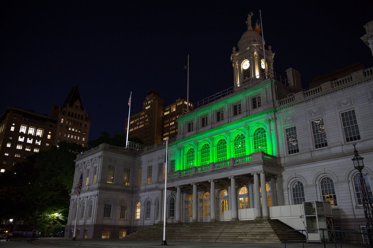 City Hall shines green tonight because New York City will honor the goals of the #ParisAgreement.