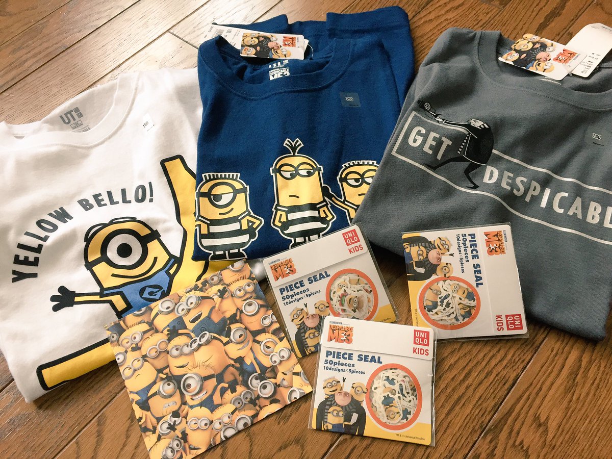 Ema Bot ユニクロでミニオンのtシャツゲットしましたーー あとシールとdvdも 可愛い 160 ですが 胸たいら族なのでkids150普通にきれました O O 笑 ミニオングッズ以外にもクルーネックtシャツとか安くなってたから買ってみた T Co