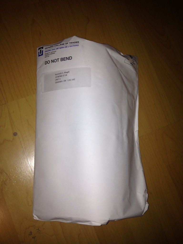 kenmagill's tweet photo. @canadapostcorp Kind of disappointed that the "Do not bend" was ignored. My hard earned degree was inside. https://t.co/TnM4KBPMWf