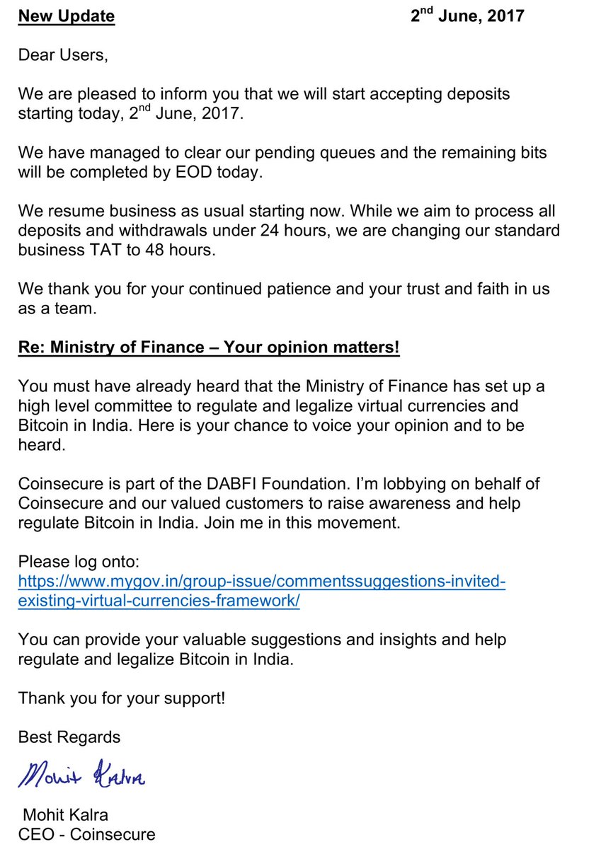 COINSECURE : UPDATE 02-06-17 #Bitcoin 

mygov.in/group-issue/co…