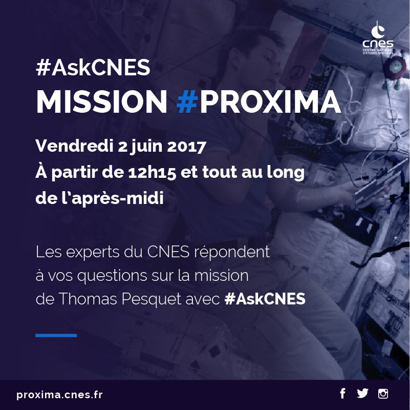 CNES's tweet photo. Dès 12h15 sur #askCNES, nos experts répondent à vos questions sur la mission #Proxima et le retour de @Thom_astro 🔍 #AllezThomas https://t.co/w40xfLsU7l