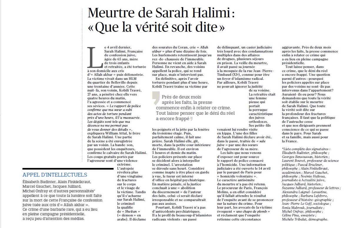 #SarahHalimi : un scandale français.  A lire absolument dans le <a href="/Le_Figaro/">Le Figaro</a> ce matin.