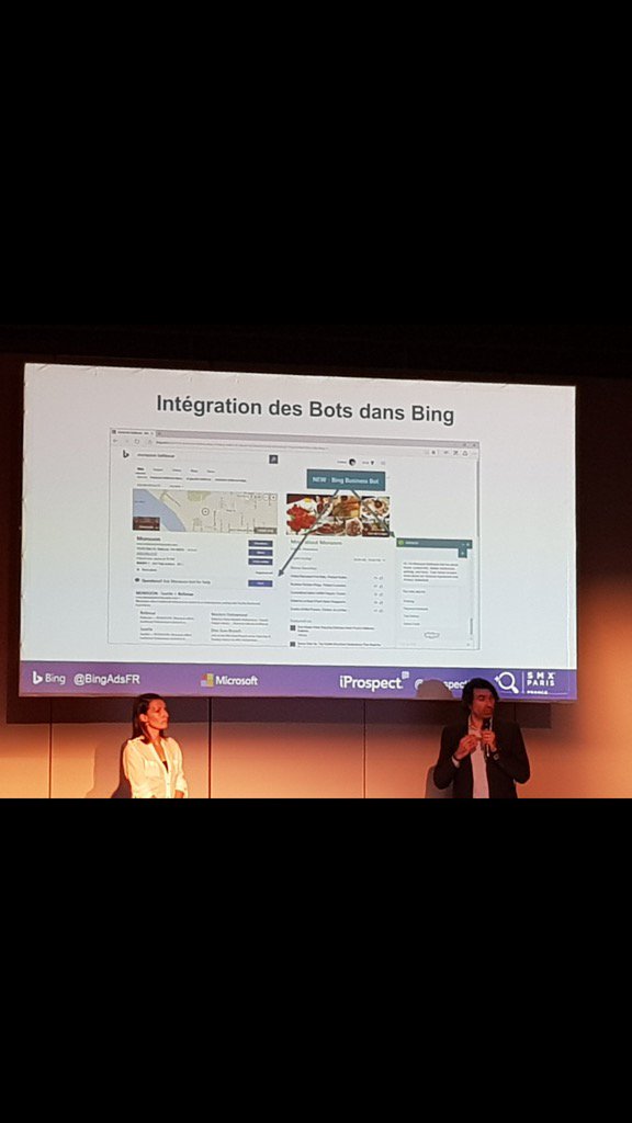 sosopadj's tweet photo. Les #Bots prochainement intégrés dans #Bing ! Annonce au #smx_paris avec @BingAdsFR @iProspectFR https://t.co/Zh8bVvpGvs