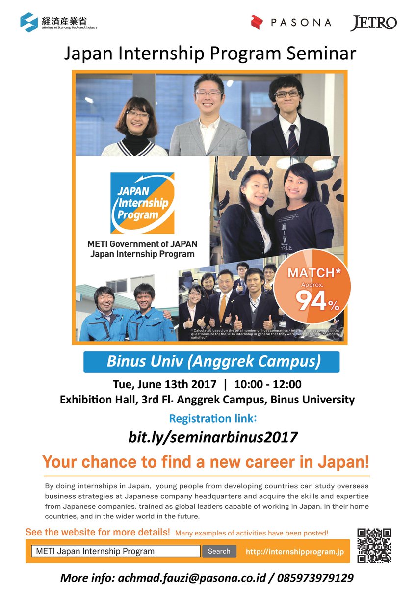 PasonaIndo's tweet photo. METI Japan Internship Program Seminar in Binus Univ | FREE | Registration: https://t.co/v4f0vwb077 | info: 085973979129 @BINUS_UNIV https://t.co/wSNvKRVdFW