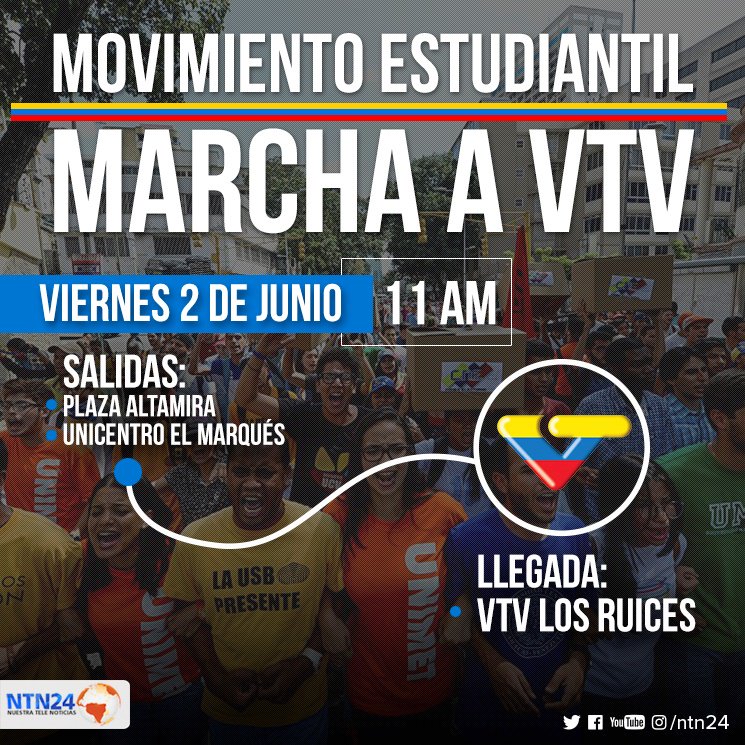 NTN24ve's tweet photo. Estudiantes de Venezuela se movilizarán este viernes desde Altamira y El Marqués hasta Venezolana de Televisión https://t.co/jV6IBO6JkG https://t.co/imAYixnCmj