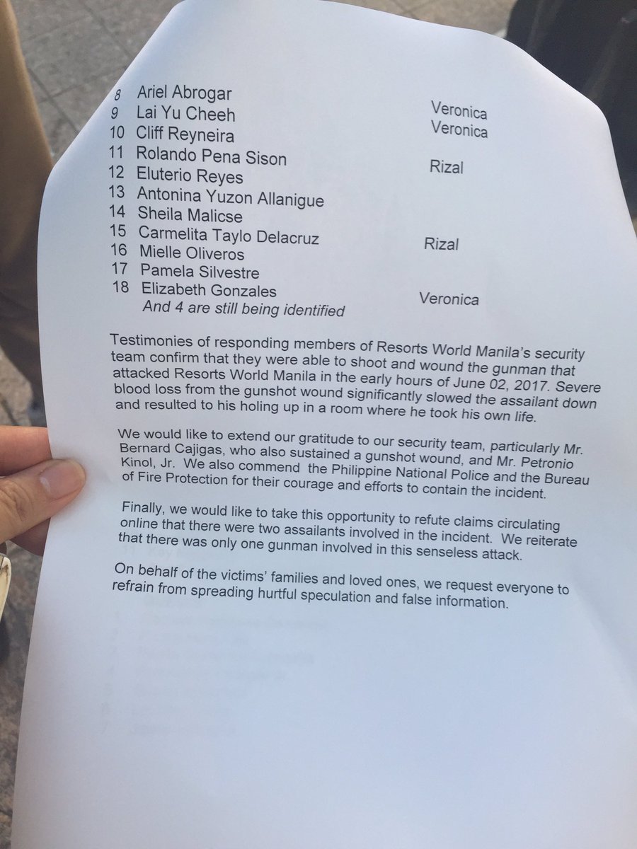inquirerdotnet's tweet photo. READ: Resorts World releases official statement and names of victims | @ABalagtasSeeINQ https://t.co/I27LIFoYp6