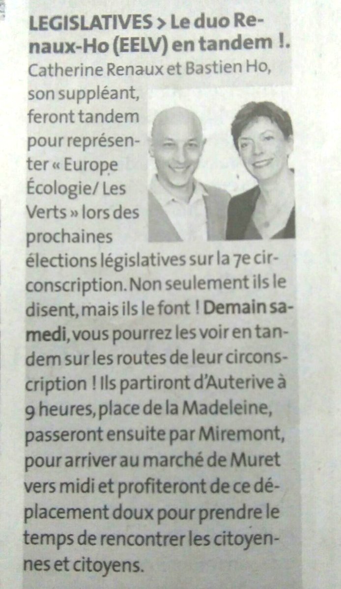 Dans la dépêche ce matin. Le tandem <a href="/CatherineRENAUX/">Catherine RENAUX</a> <a href="/BastienHo/">Bastien Hô 🌻</a>  en campagne sur la #circo3107