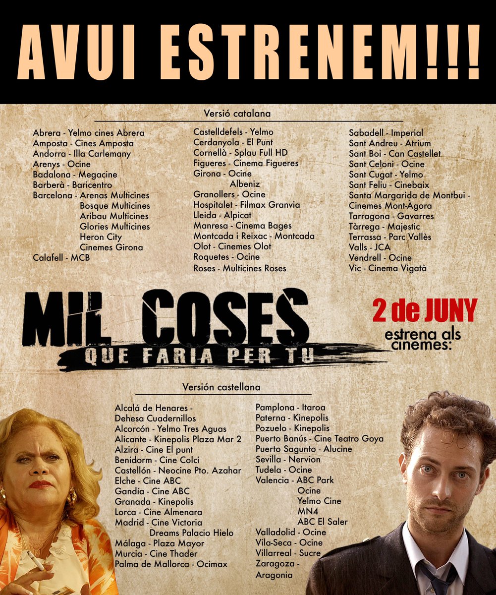 milcoseslapeli's tweet photo. AVUI ESTRENEM 'MIL COSES QUE FARIA PER TU' A MÉS DE 70 SALES!!!!! TOTS AL CINE!!!!!!! https://t.co/jvB5dS3HdS