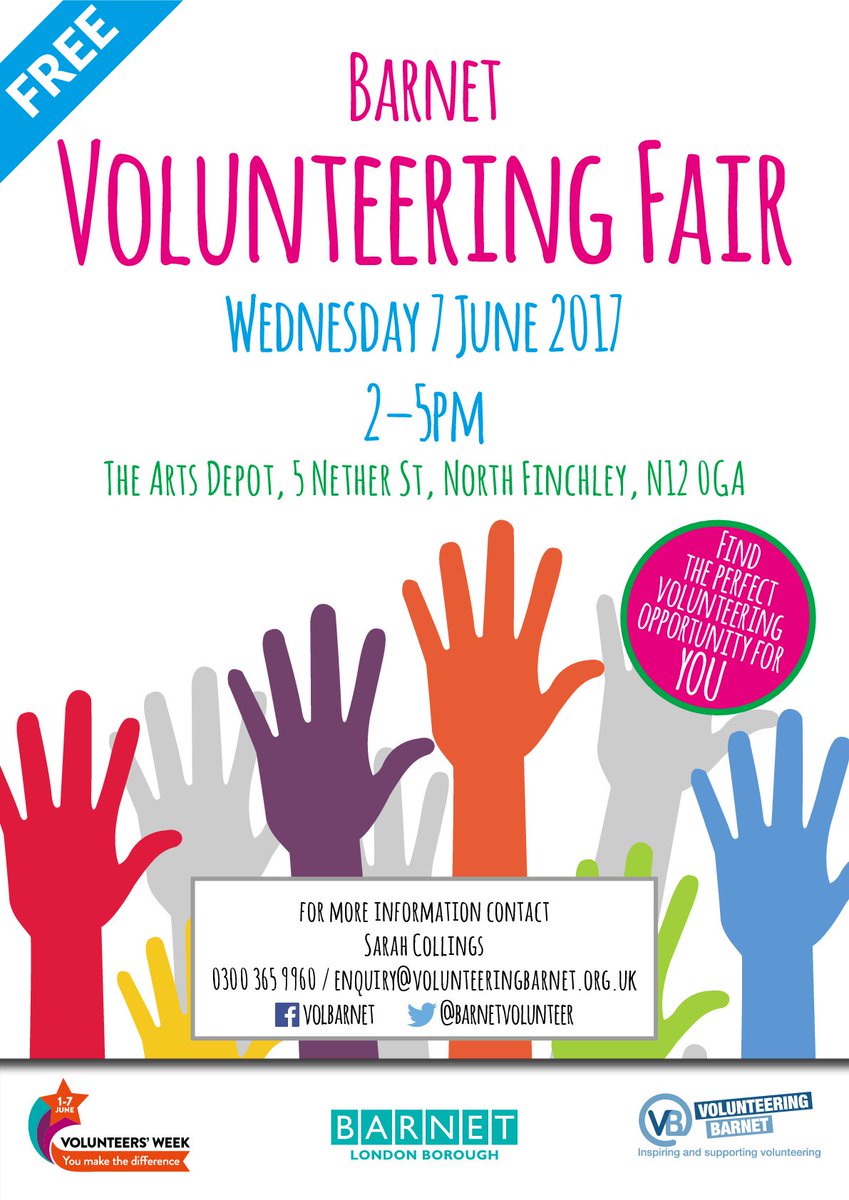 barnetvolunteer's tweet photo. Only a few days until the #Barnet Volunteering Fair! Meet 30+ inspirational local charities at @artsdepot, 7th June https://t.co/EiwGZMRobG https://t.co/F7lfeRi1Cn