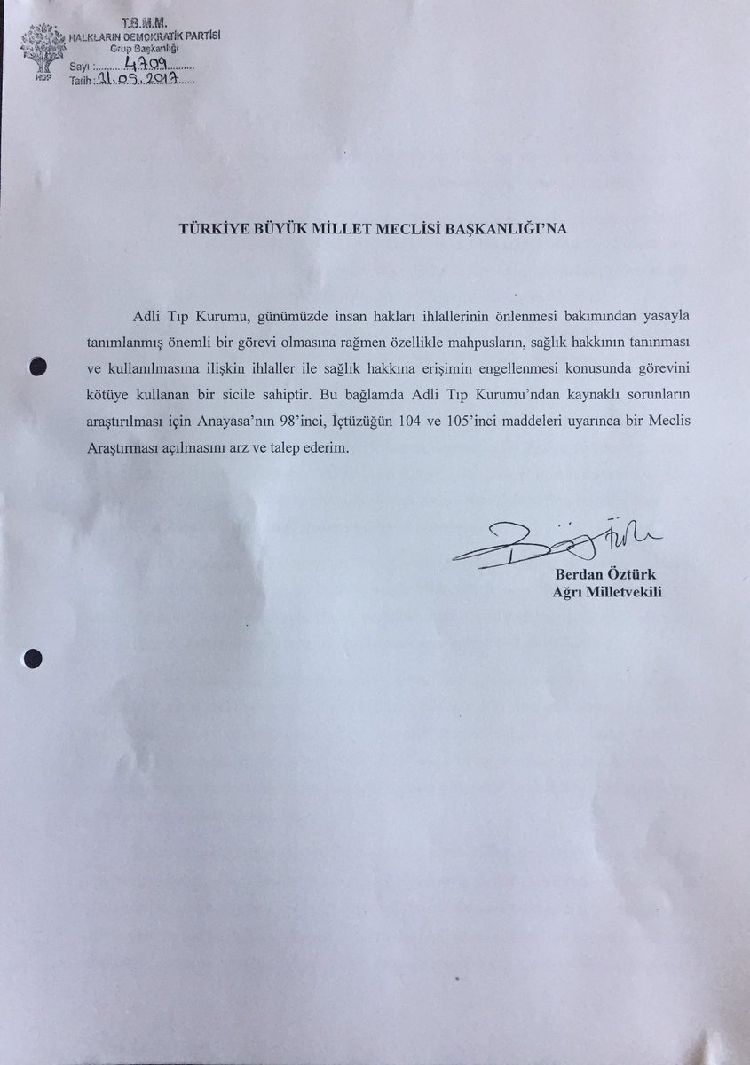 berdan_ozturk's tweet photo. Hasta mahpusların sağlık hakkının engellenmesi konusunda kötü bir sicile sahip olan Adli Tıp Kurumu için araştırma komisyonu istedik https://t.co/YrkepsnWjN