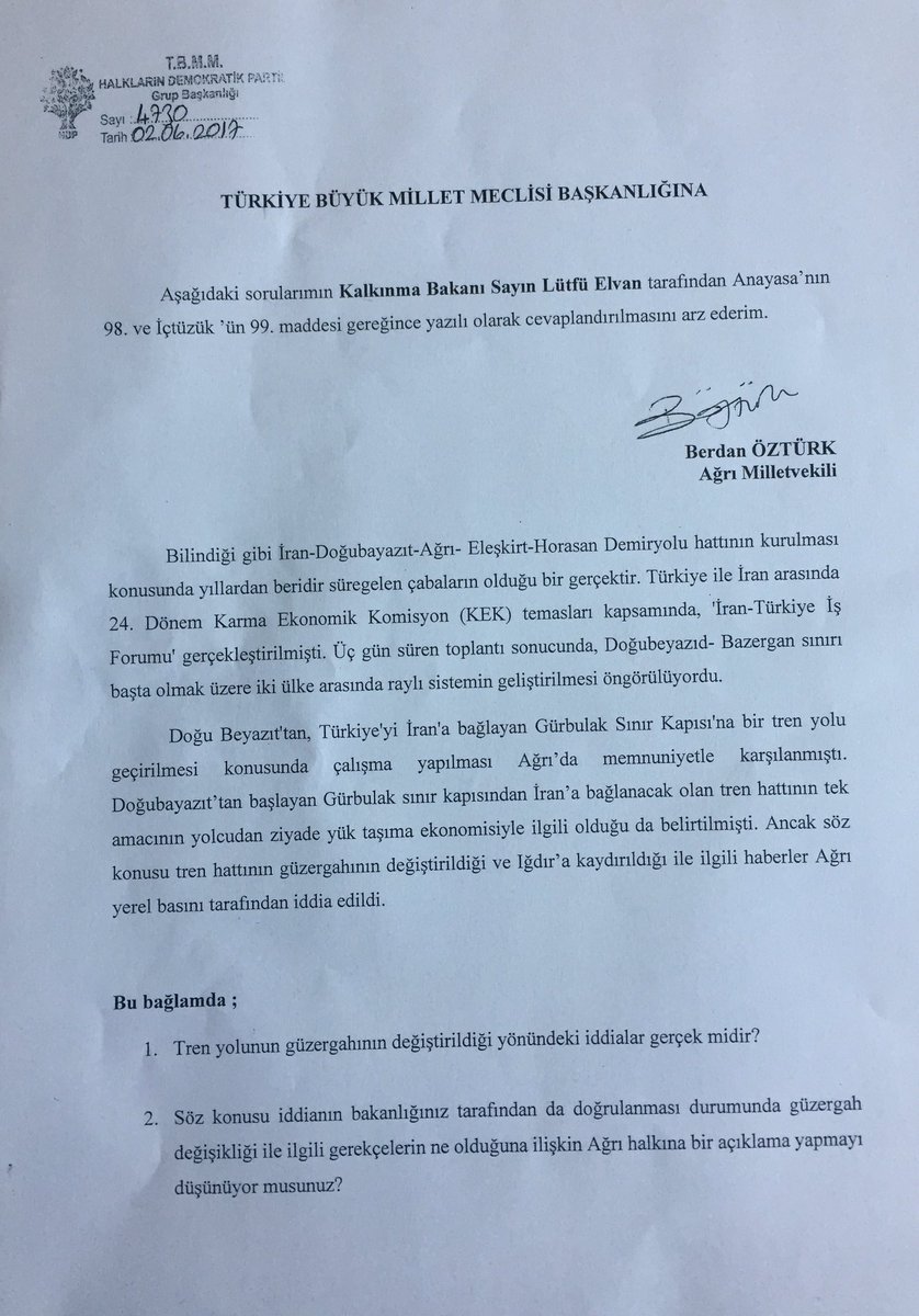 berdan_ozturk's tweet photo. İran-Doğubeyazıt-Ağrı-Eleşkirt-Horasan demiryolu hattının Iğdır'a kaydırıldığı iddiasını Kalkınma Bakanı Sayın Elvan'a sorduk... https://t.co/4ZDe0CauUn