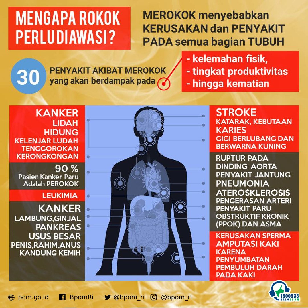 BPOM_RI's tweet photo. 30 Penyakit Akibat Merokok yang akan berdampak pada:
- kelemahan fisik
- tingkat produktivitas
- kematian https://t.co/GnlkpWqrnG
