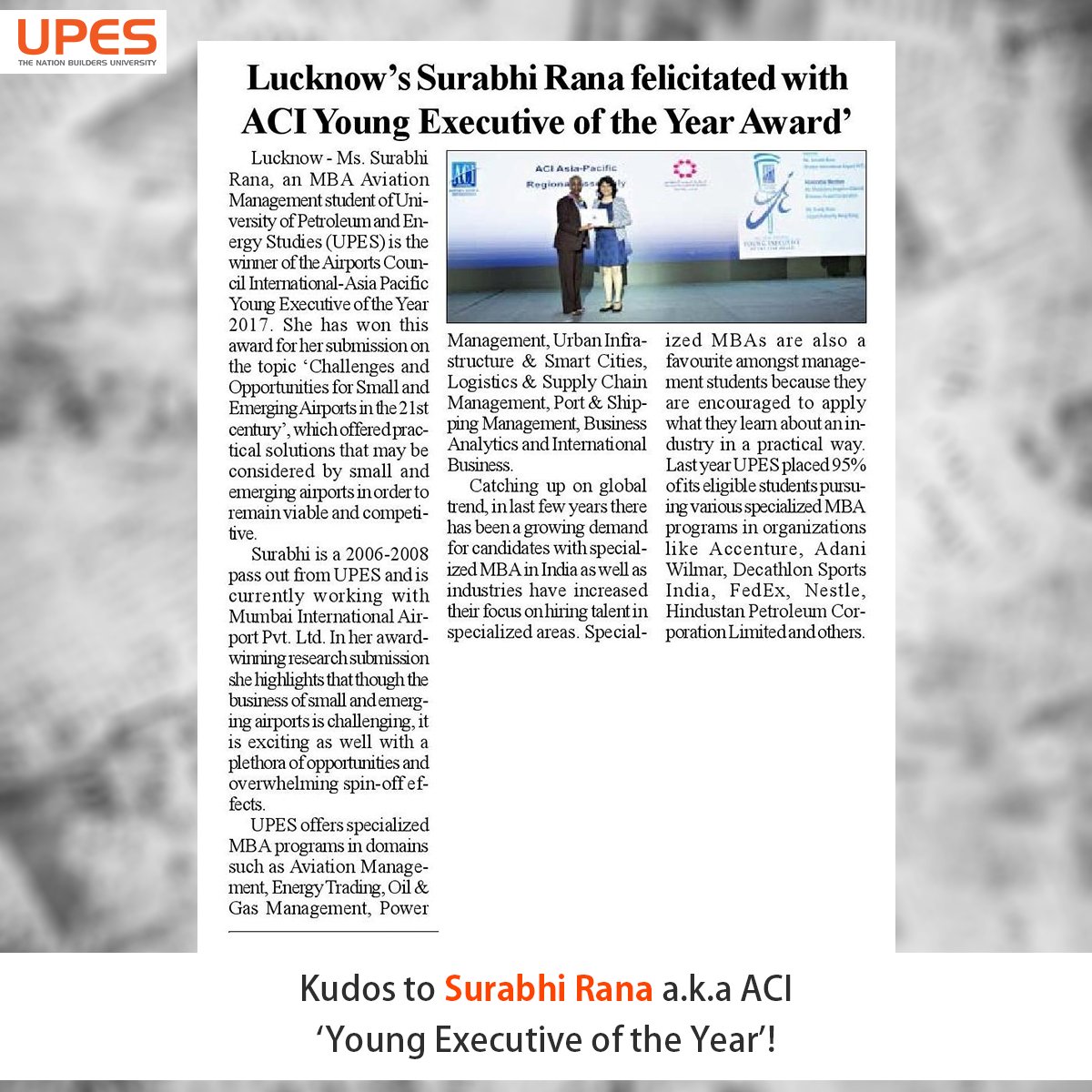 UPESDehradun's tweet photo. Surabhi Rana, MBA Aviation Management 2008 alumnus won the ACI ‘Young Executive of the Year’ award. Kudos on her achievement. #SuccessFirst https://t.co/DqzxaHQsZO