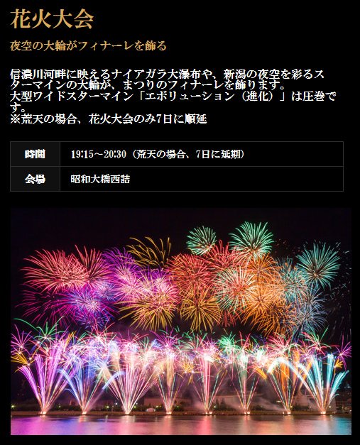 新潟市観光情報 No Twitter 新潟市花火大会 日程 8月5日 土 新潟まつりまちなか音楽花火 8月6日 日 新潟まつり 花火大会 8月25日 金 阿賀野川ござれや花火大会 8月26日 土 西川まつり大筒花火打上げ 9月17日 日 あきはなびまつり
