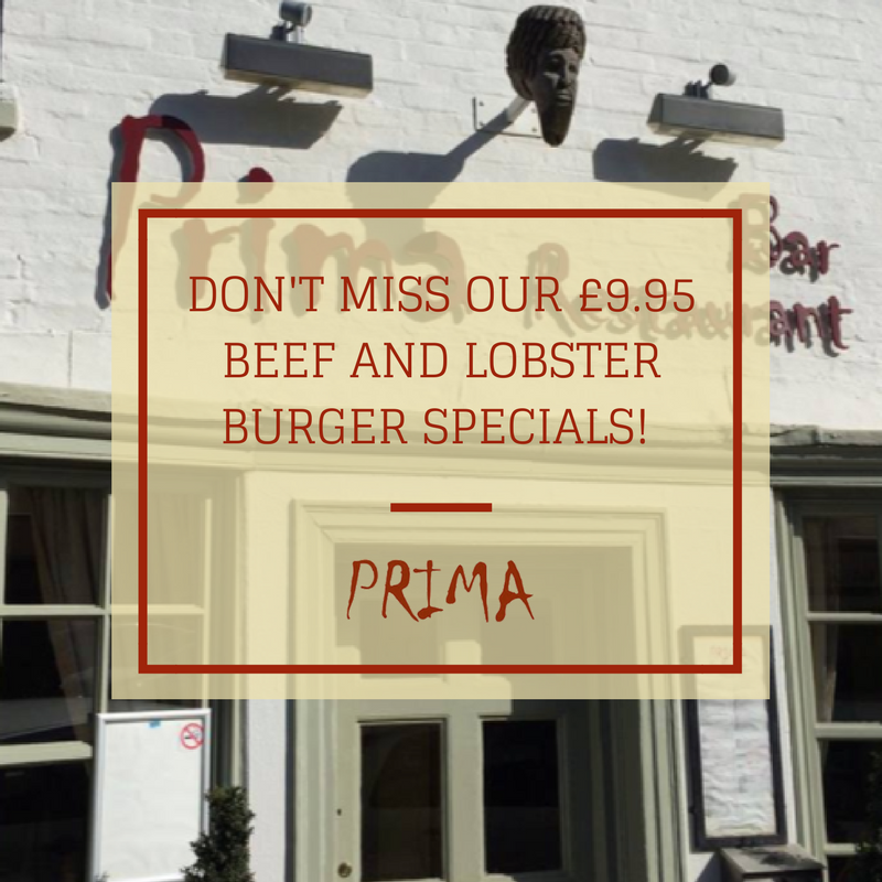 PrimaBar's tweet photo. For £9.95, our beef burger special and lobster burger specials are both not to be missed! To book: 01480 455553. https://t.co/dgTfjVIg2m