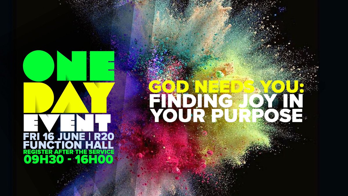 hatfieldya's tweet photo. Register this Sunday for the upcoming One Day Event. Bring your R20 to secure your place at this EPIC event #community #family #church https://t.co/vVsmC2qOKw