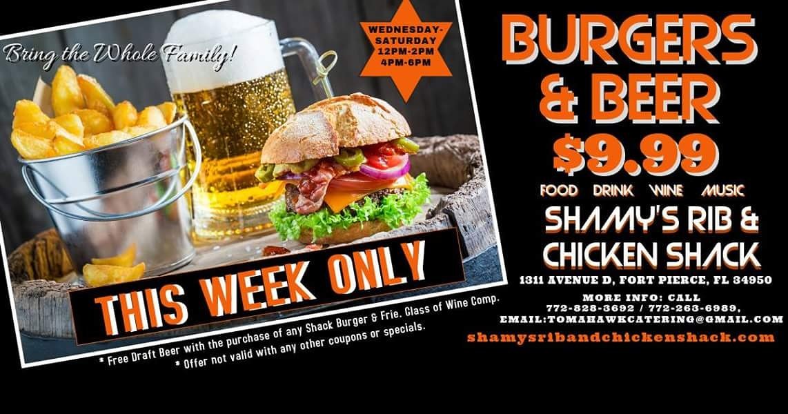 danceminmag's tweet photo. Come into the Shamy's Rib Shack from 12pm -2pm and 4pm -6pm 
Combo for $9.99! 
Call 772.828.3692. https://t.co/H5tdm9G338
