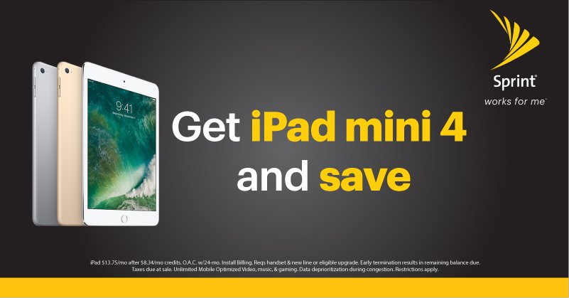 SprintMansfield's tweet photo. Sprint works for gifting for your grad! Save $200 on iPad mini 4 while supplies last! Visit our store for details. https://t.co/u3M1cyklu1