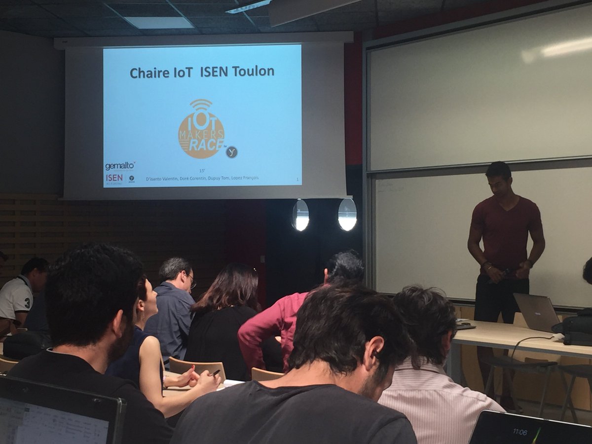 isenmed's tweet photo. [#SmartEnergy] #IoTRace aujourd'hui 1ers pitchs d'idées des Makers : #greencoin #ENR #securité #smartharbor avec @GemaltoFrance et @IBM https://t.co/qG67WMbfQ6
