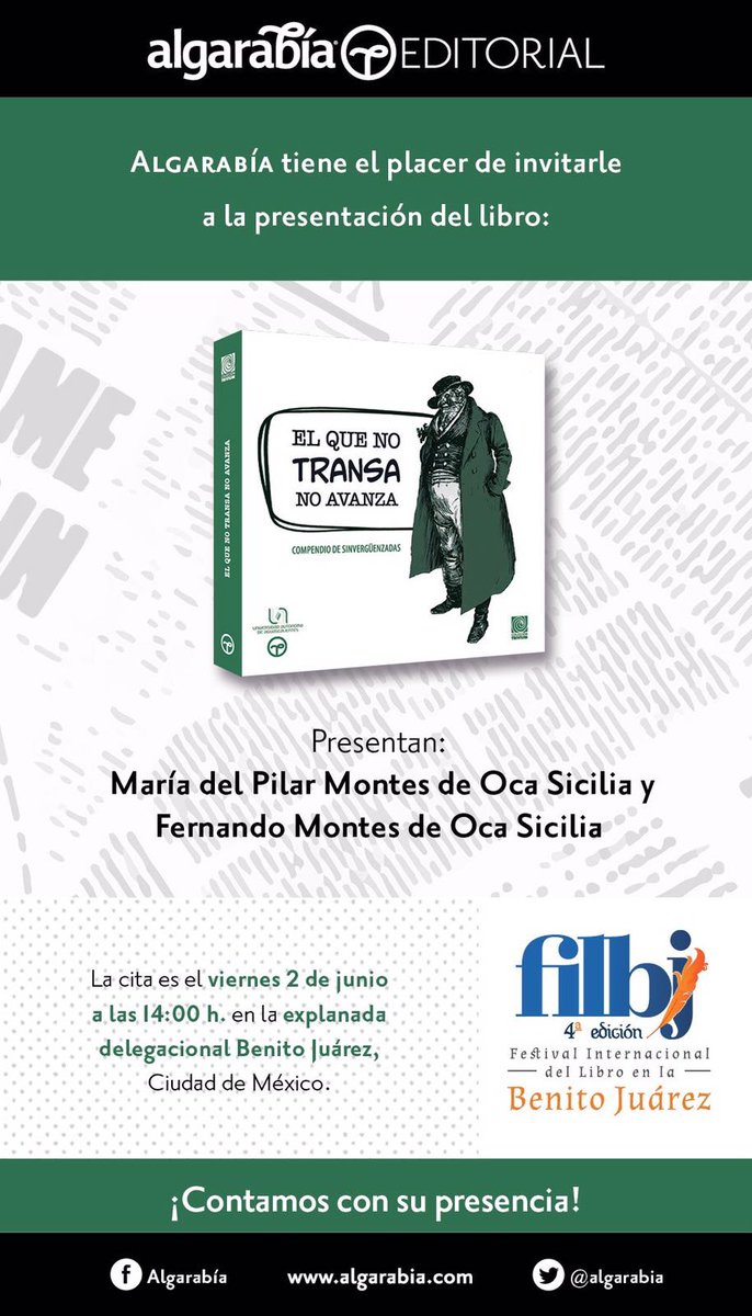 algarabia's tweet photo. Hoy te esperamos,14hrs, en la #FILBJ para presentarte un montón de sinvergüenzadas: un libro inteligente y con humor sobre la corrupción. https://t.co/1kcXqMJjo3