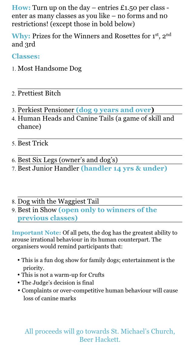 KatyAshman's tweet photo. The high point of the #BeerHackett social calendar is tomorrow ๐dog show ๐ฉat #Thornford fete 2.30pm start ๐ถ๐พ Note tongue in cheek rules ๐ https://t.co/86ENqBtqjb