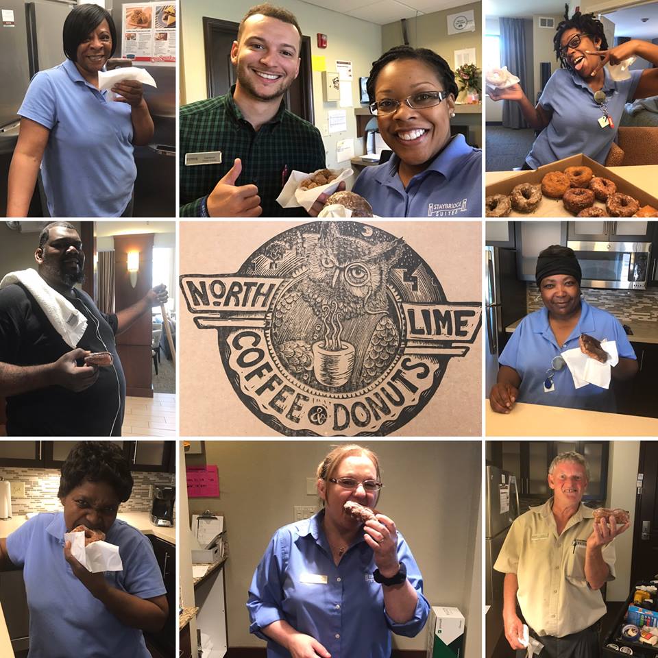 StaybridgeLex's tweet photo. Happy National Doughnut Day 2017! We decided to celebrate by having doughnuts from @northlimelex! As you can see, our staff is all smiles! https://t.co/Xr9YzkWcSa