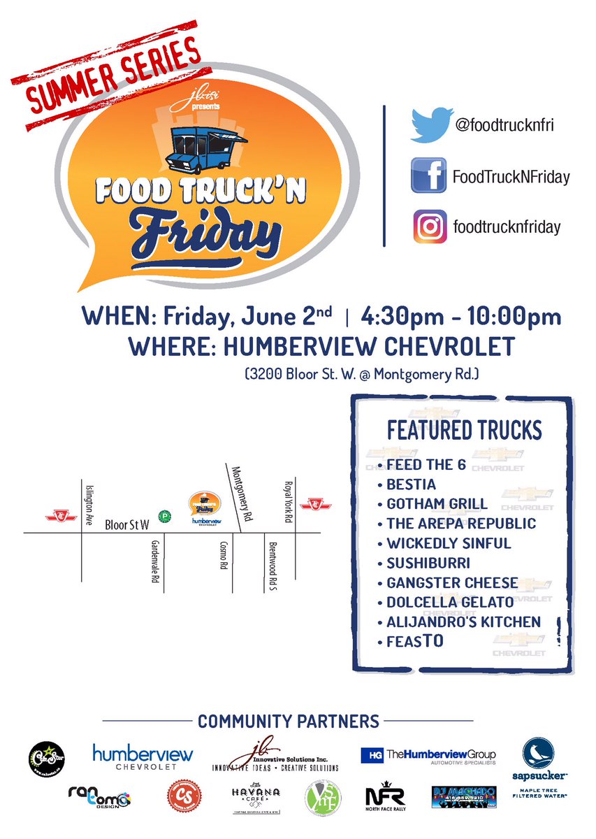 #FoodTruckNFriday is going down TODAY at @HbviewChevy (3200 Bloor St W). Toronto's best foodtrucks, good music, free parking, prizes &amp; more!