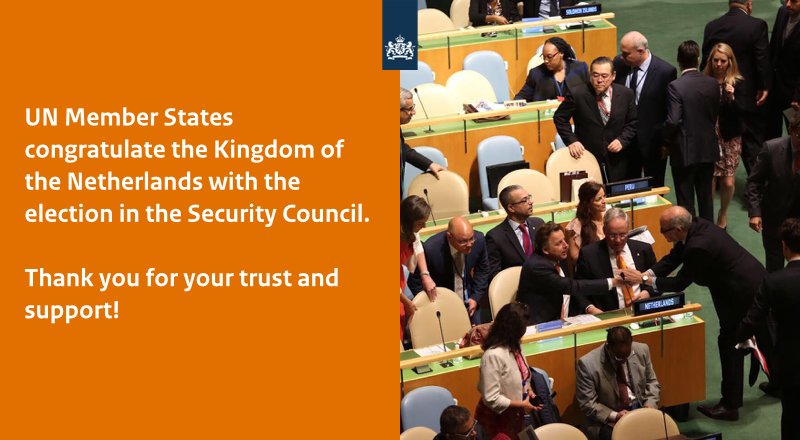 DutchMFA's tweet photo. #KingdomNL elected in the UN #SecurityCouncil. Looking forward to working with other members of the Council. #NLinUNSC https://t.co/kGSLYbDNxG