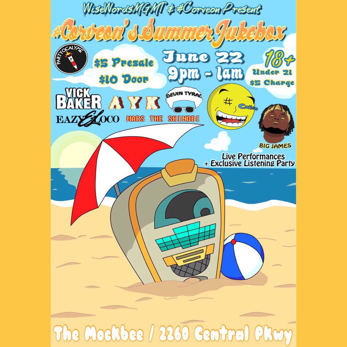 #Corveon's Summer Jukebox
June 22 <a href="/TheMockbee/">The Mockbee</a>
9pm - 1am
18+

Live Performances
+ Exclusive Listening Party

Tickets: eventbrite.com/e/corveons-sum…