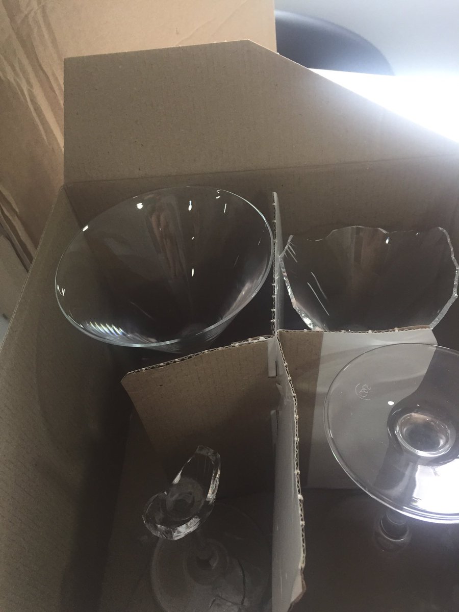FiBee92's tweet photo. My dreams have been shattered, just like these glasses from @johnlewisretail delivered today. Not a fragile sticker in sight #nopunintended https://t.co/CeQeGRZHE4